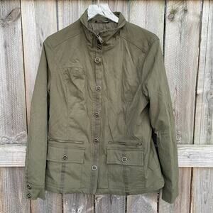 Prana Bomber Jacket Womens Full‎ Zip Mock Neck Pockets Olive Green Size Large